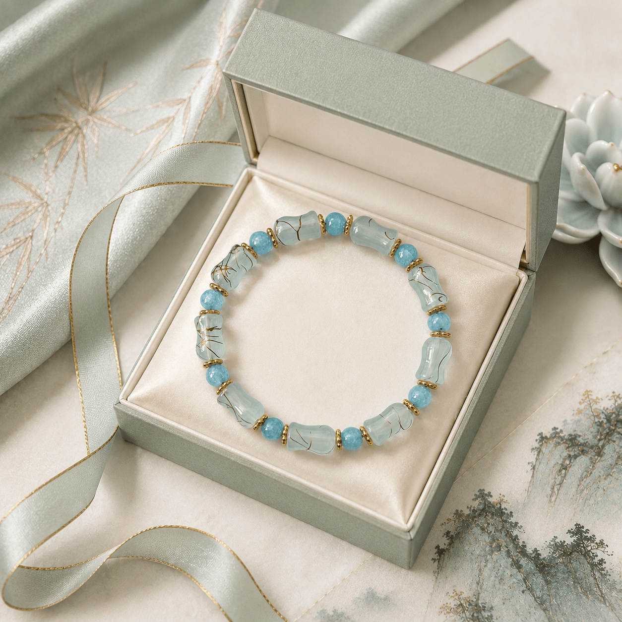 Light Blue Vase Beaded Bracelet, Handmade Vintage Style